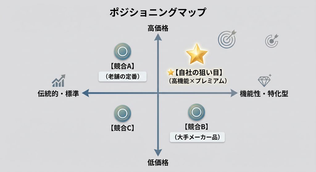 食品開発におけるポジショニングマップ作成例(価格と機能の2軸)